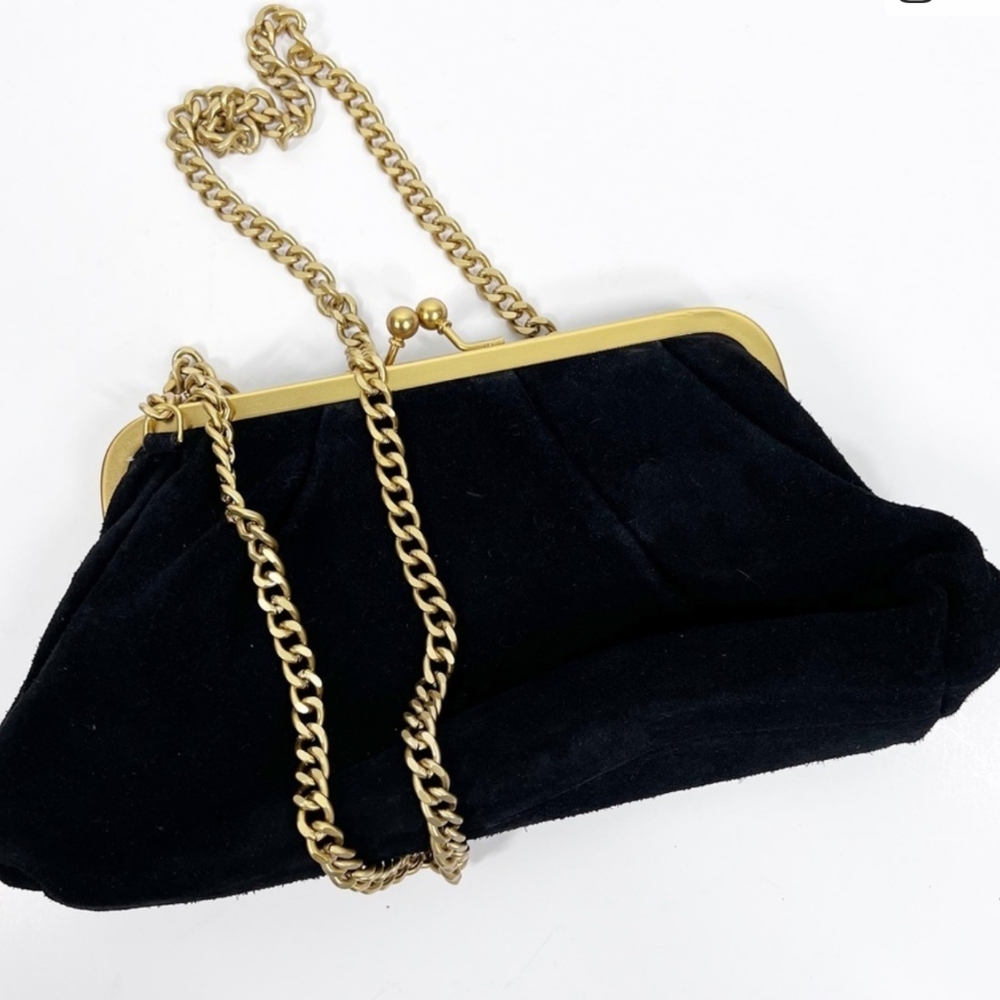 Margot Small Black Suede Bag with brushed gold tone chain Kiss closure